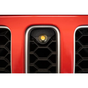 Red car front bumper plate on DV8 Offroad 2018+ Jeep JL Grill Amber Marker Lights.