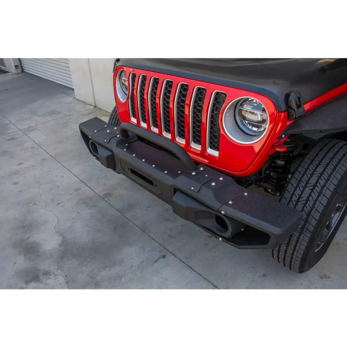 DV8 Offroad 2018+ Jeep JL/Gladiator Winch Ready Front Bumper showcasing black and red bumper