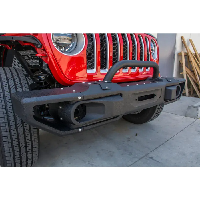 DV8 Offroad Jeep JL/Gladiator Winch Ready Front Bumper - Close up of red Jeep with black bumper