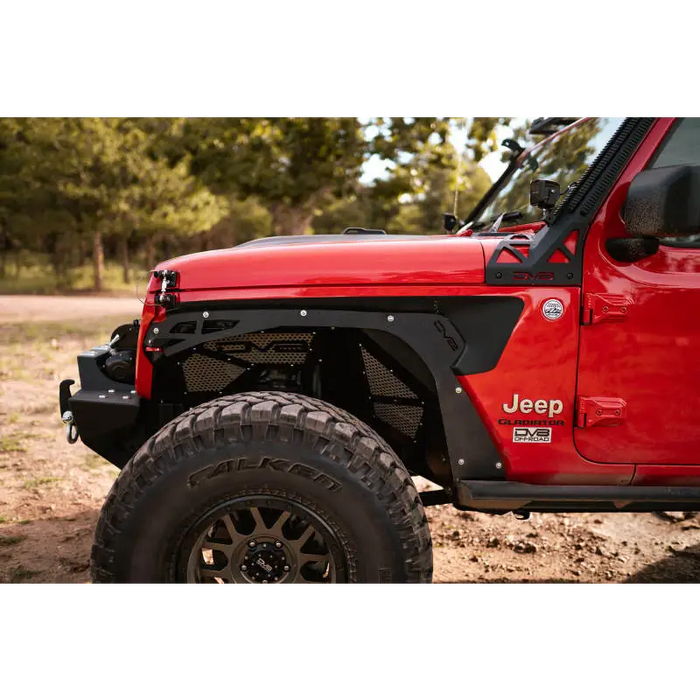 Red Jeep Wrangler JL parked in field - DV8 Offroad Front Inner Fenders Black