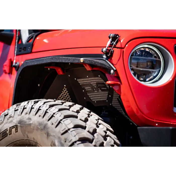Red Jeep Wrangler JL with black grill and tire - DV8 Offroad fenders in black