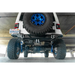 White Jeep Wrangler rear bumper with blue wheels and tires