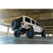 White Jeep with Blue Wheels and Tires on DV8 Offroad 2018 Jeep Wrangler JL MTO Series Rear Bumper.