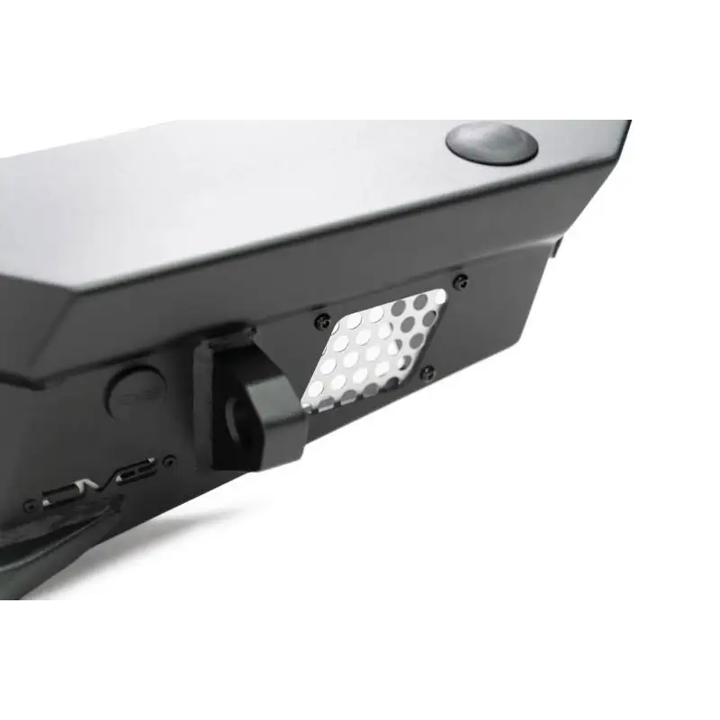 Front bumper mount with light on, part of DV8 Offroad 2018 Jeep Wrangler JL MTO Series Rear Bumper.