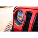 DV8 Offroad red Jeep Wrangler JL/Gladiator LED projector headlights with black grille and light.