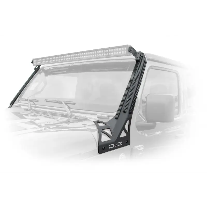DV8 Offroad 2018+ JL/Gladiator Picatinny Rail A-Pillar Pod LED Light Mount with a truck and light bar on the side