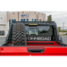 Red truck with large tire on back displayed on DV8 Offroad 2019+ Jeep Gladiator Bolt On Chase Rack.
