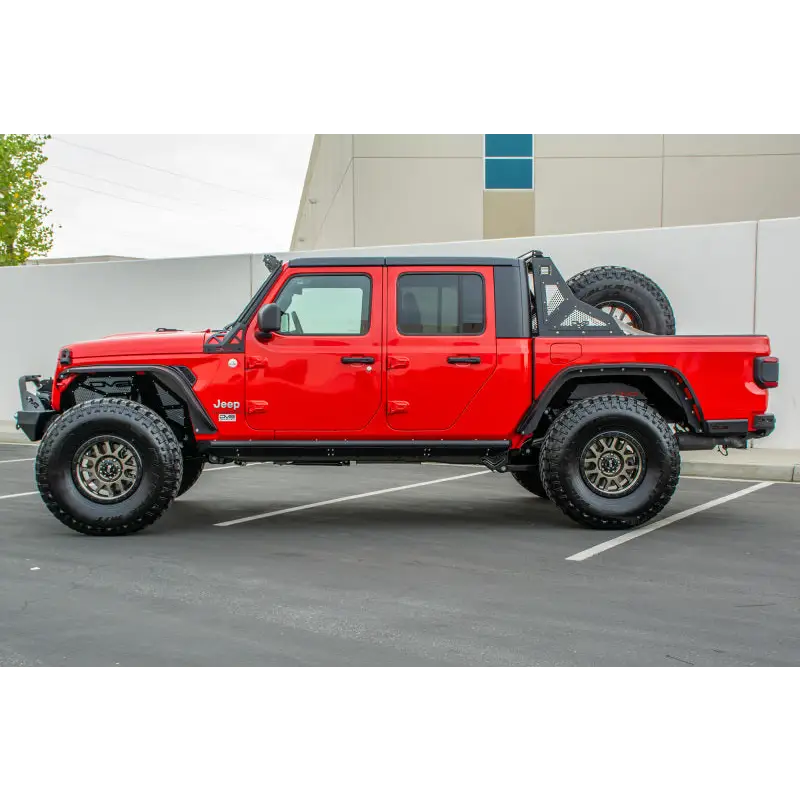 Red Jeep Gladiator with black bumper and wheels by DV8 Offroad featuring anti-slip panels
