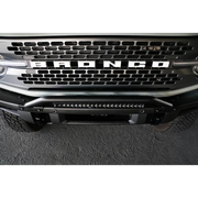 Close up of DV8 Offroad Black Bull Bar on Ford Bronco factory bumper