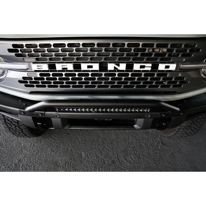 Close up of DV8 Offroad Black Bull Bar on Ford Bronco factory bumper
