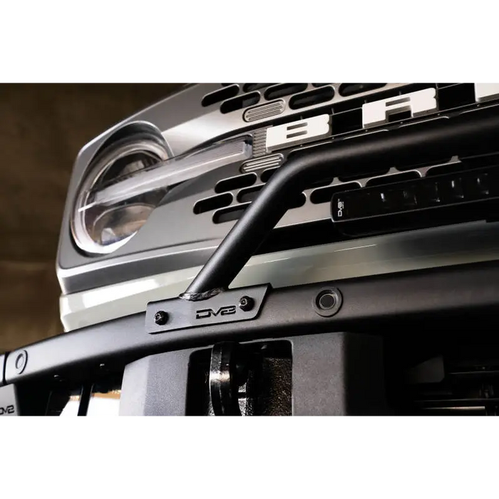 DV8 Offroad black bull bar front bumper mount on 2021-2022 Ford Bronco, not for factory plastic bumper.