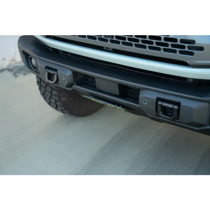 Close up of DV8 Offroad 2021 Ford Bronco Slanted Front License Plate Mount Bumper.