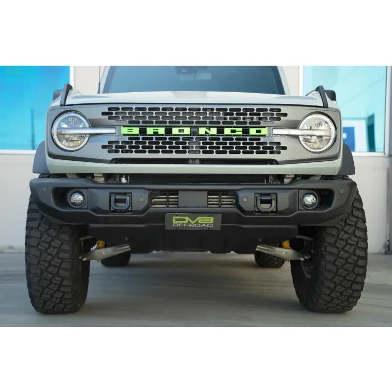 Close up of DV8 Offroad 2021 Ford Bronco Capable Steel Bumper with Slanted Front License Plate Mount