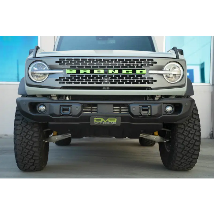 Close up of DV8 Offroad 2021 Ford Bronco Capable Steel Bumper with Slanted Front License Plate Mount