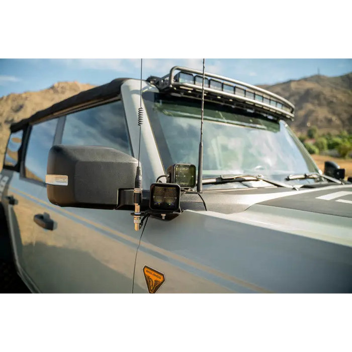 Roof rack mounted on DV8 Offroad 2021 Ford Bronco A Pillar Dual Light Pod Drop Mounts