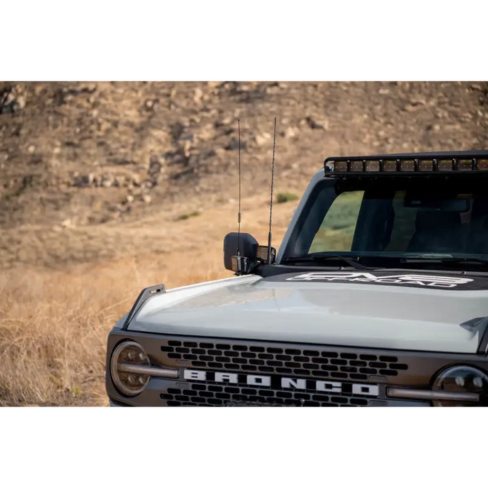 White truck with radio on front - DV8 Offroad Ford Bronco A Pillar Dual Light Pod Drop Mounts