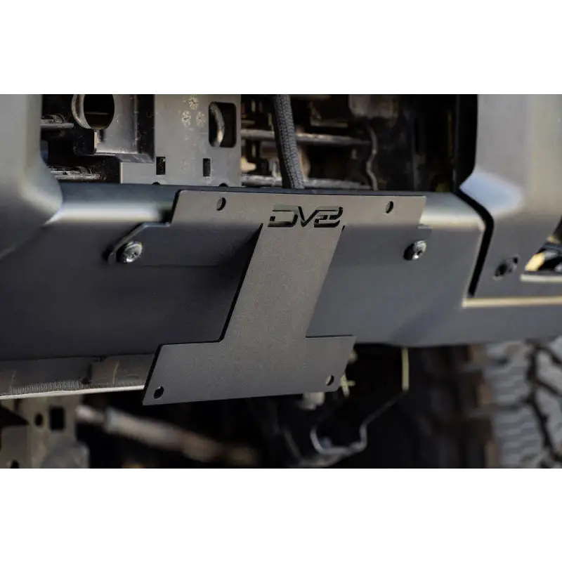 DV8 Offroad license plate relocation bracket for Jeep Wrangler bumper.