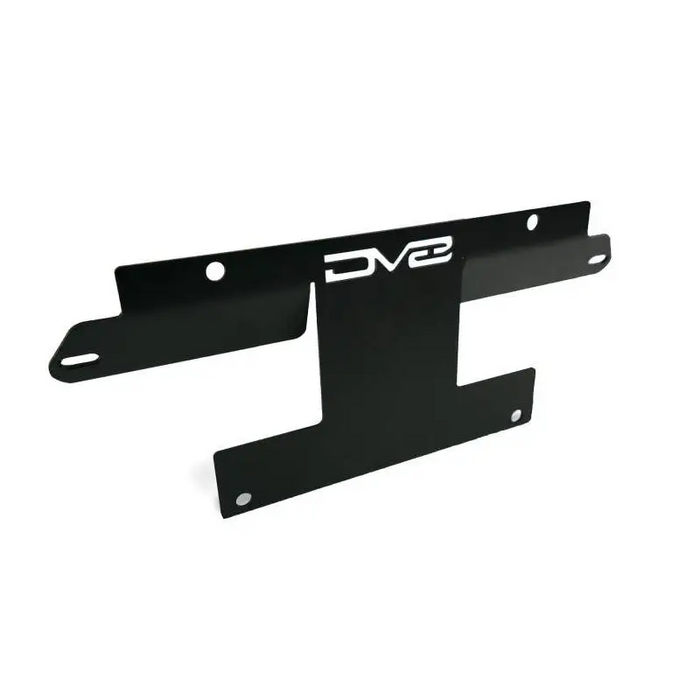 Black metal bracket with white logo for DV8 Offroad Ford Bronco front bumper license relocation.