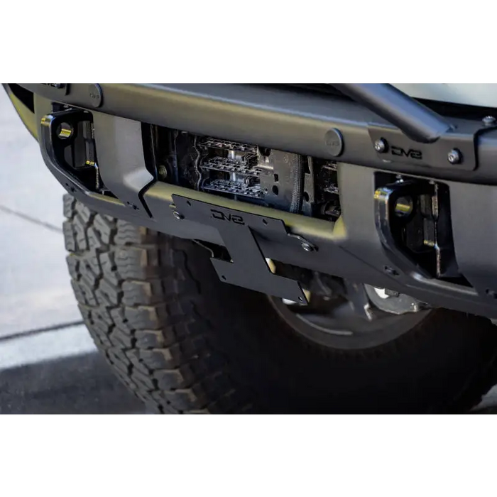 DV8 Offroad Ford Bronco License Plate Relocation Bracket - Close-up jeep bumper mount