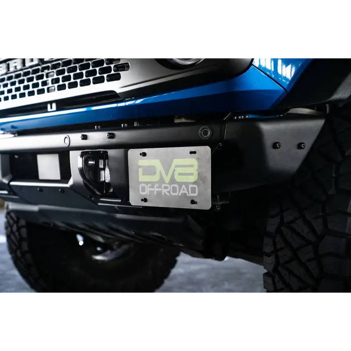 Blue Jeep with License Plate Relocation Bracket for DV8 Offroad Ford Bronco Bumper