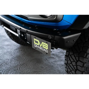 Close-up of Offrox logo on front bumper plate with license relocation bracket for Ford Bronco.