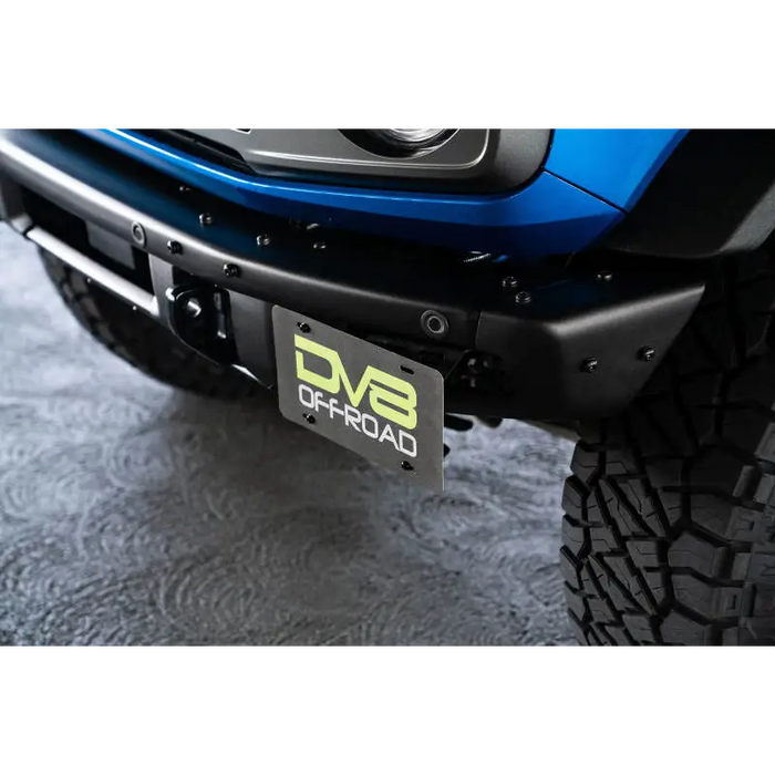 Close-up of Offrox logo on front bumper plate with license relocation bracket for Ford Bronco.