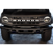 DV8 Offroad black front bumper with light bar for Ford Bronco, featuring bull bar.