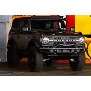 DV8 Offroad black jeep with bull bar on Ford Bronco front bumper