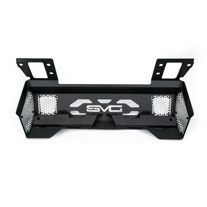 Black license holder with white logo on DV8 Offroad Ford Bronco Front Skid Plate.