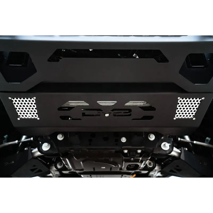 DV8 Offroad black Jeep Wrangler front skid plate bumper plate close up view.