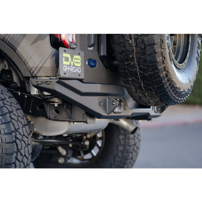 Close up of vehicle with license plate on DV8 Offroad 21-22 Ford Bronco FS-15 Series rear bumper.