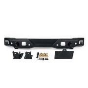 Black front bumper with mounting hardware for Ford Bronco MTO Series, featuring a license plate mount.