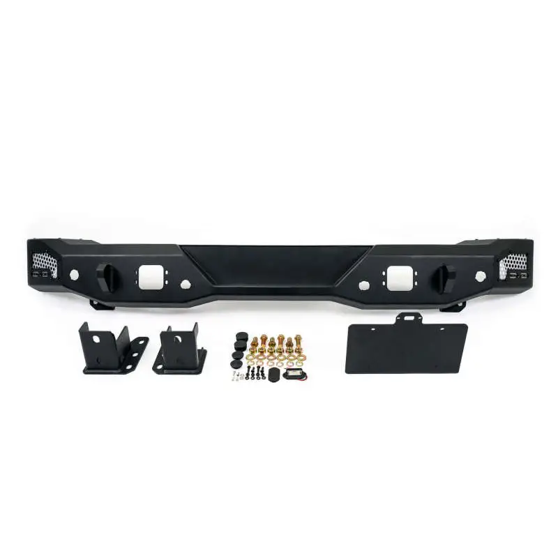 Black front bumper with mounting hardware for Ford Bronco MTO Series, featuring a license plate mount.