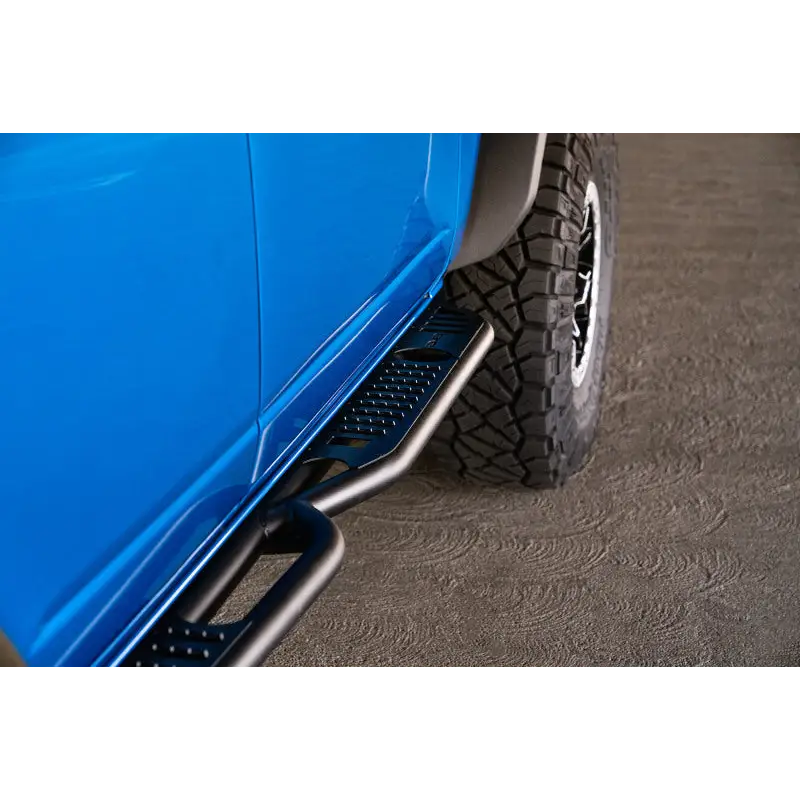 Blue Ford Bronco side step bumper bar, DV8 Offroad OE Plus Series.
