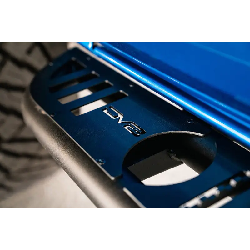 DV8 Offroad Ford Bronco front bumper plate with logo.