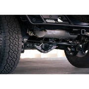 Close up of rear bumper mount on jeep with DV8 Offroad Bronco rear skid plate.
