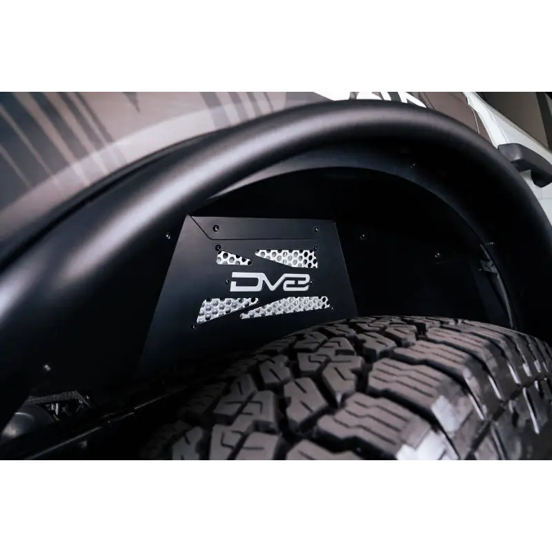 Close up view of vehicle tire on lightweight aluminum weather resistant Ford Bronco rear inner fender liners.