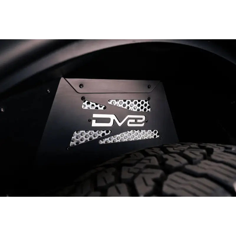 Close up of DV8 Offroad 21-22 Ford Bronco Rear Inner Fender Liners logo on car