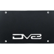 Black license plate with logo of DG on DV8 Offroad 21-23 Ford Bronco Capable Bumper Front License Plate Mount
