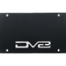 Black license plate with logo of DG on DV8 Offroad 21-23 Ford Bronco Capable Bumper Front License Plate Mount