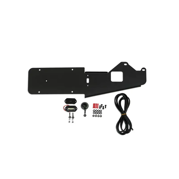 Black license plate with power cord on DV8 Offroad 21-23 Ford Bronco Rear License Plate Relocation Bracket
