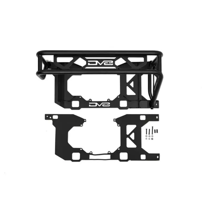 Front bumper bracket for BMW E-type displayed in DV8 Offroad spare tire guard & accessory mount.