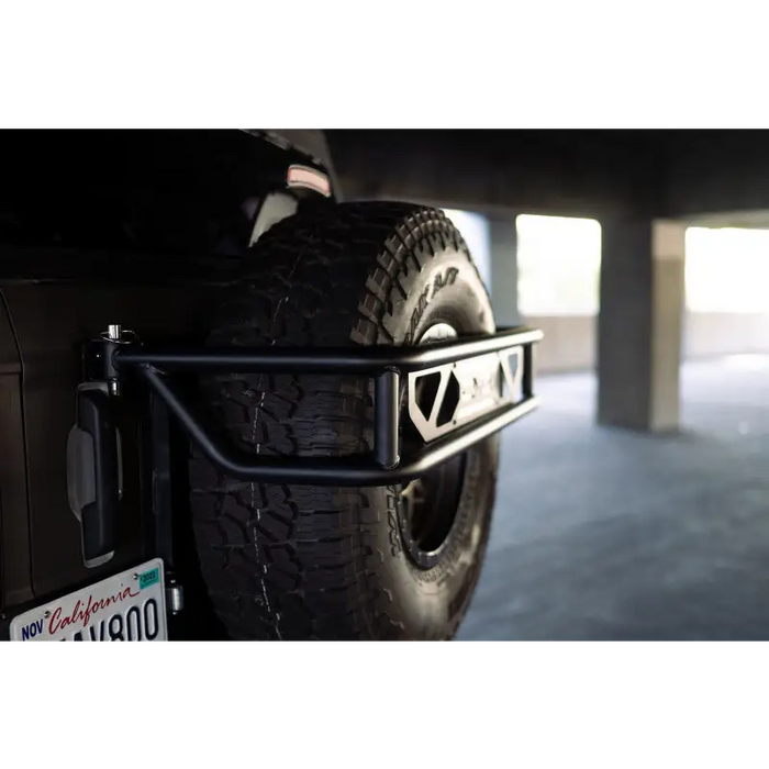 Close up of Jeep bumper bar with spare tire guard from DV8 Offroad for Ford Bronco.