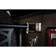 Side view of truck with open door, part of DV8 Offroad 21-23 Ford Bronco Spare Tire Guard & Accessory Mount.