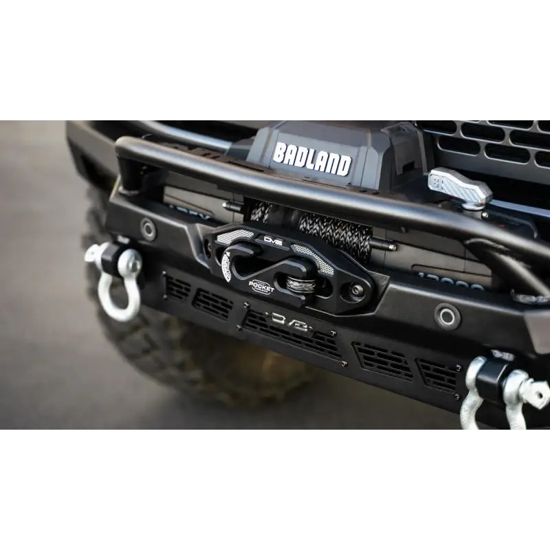 Black truck bumper with skid plate on DV8 Offroad Bronco Spec Series Front Bumper.