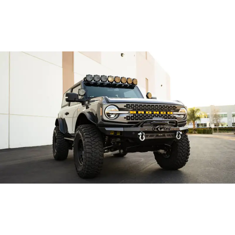 Black Jeep with Front Light Bar on DV8 Offroad 21-23 Ford Bronco Spec Series Bumper