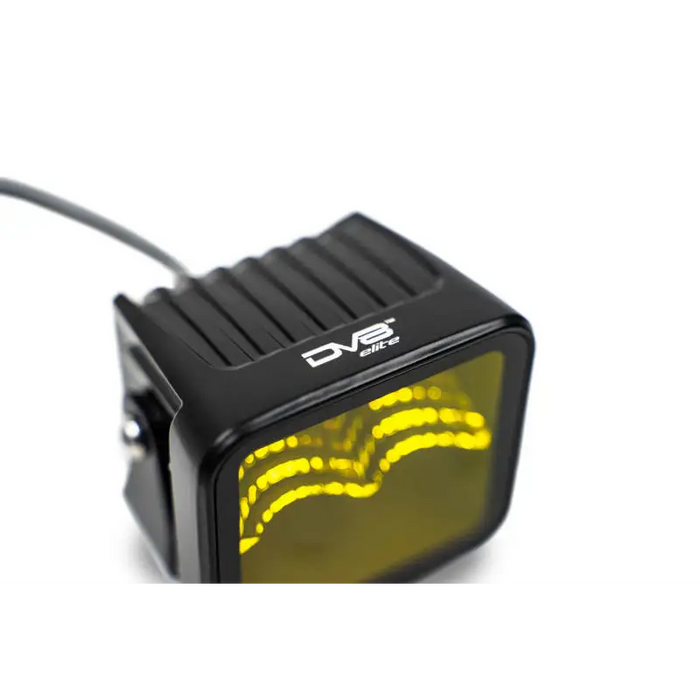 DV8 Offroad 3in Elite Series LED Amber Pod Light for Jeep Wrangler and Ford Bronco with yellow LEDs on white background