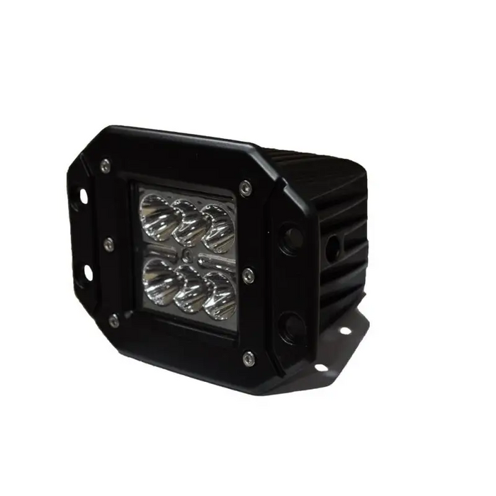 Black flush mount LED light by DV8 Offroad 3in on white background.