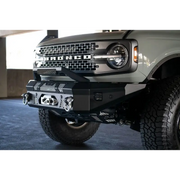 Close up of grey 2020 Ford Bronco Raptor front bumper bar with DV8 Offroad Elite Series Light Bar add-on