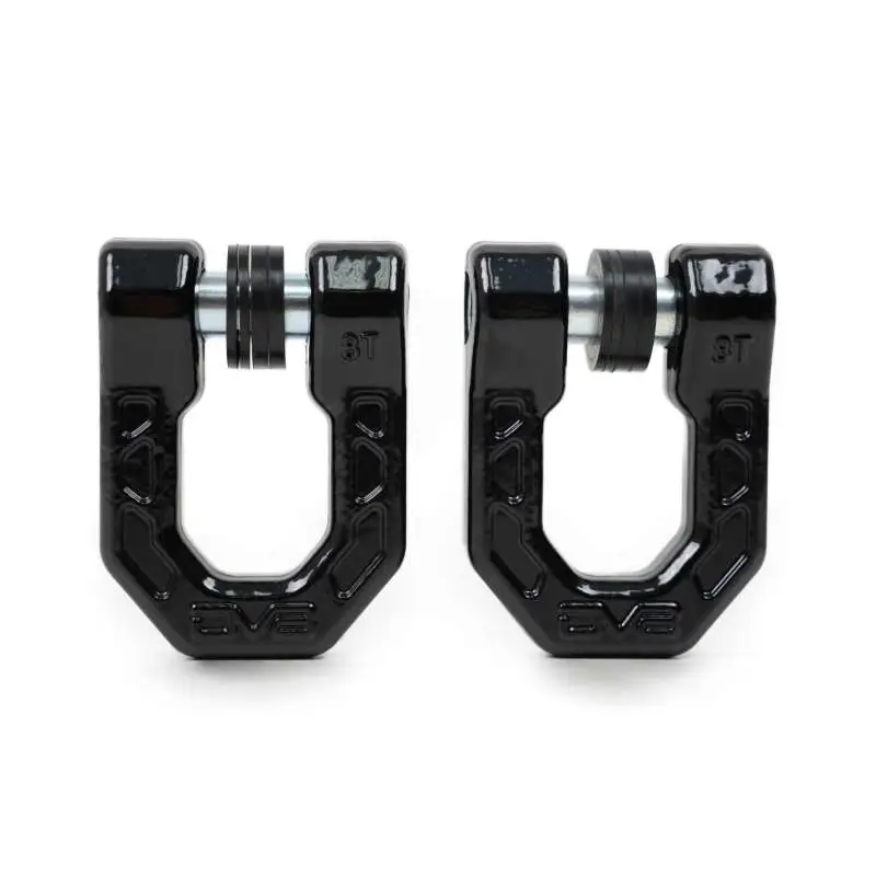 Pair of black metal D-Ring shackles for DV8 Offroad Elite Series - SEO friendly alt text.